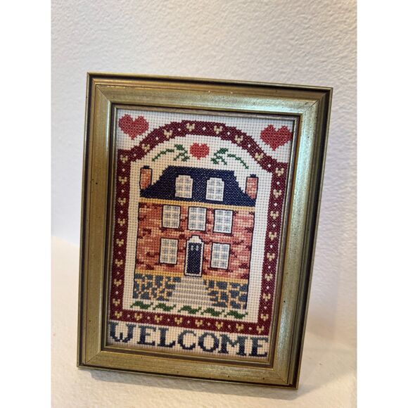 "Welcome" Vintage House Home Needlepoint Framed Art - Picture 2 of 4